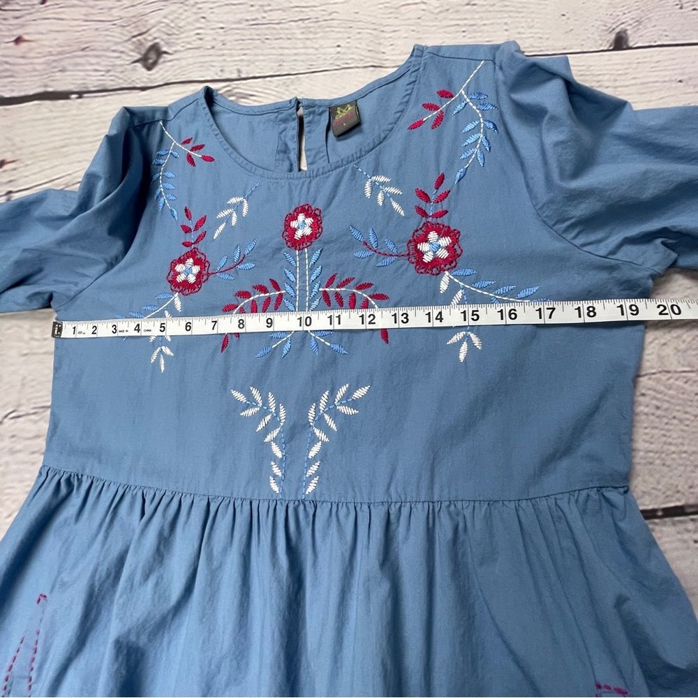 MYX Fusionwear blue boho embroidered cotton dress bell sleeves pockets, size L - Picture 11 of 14